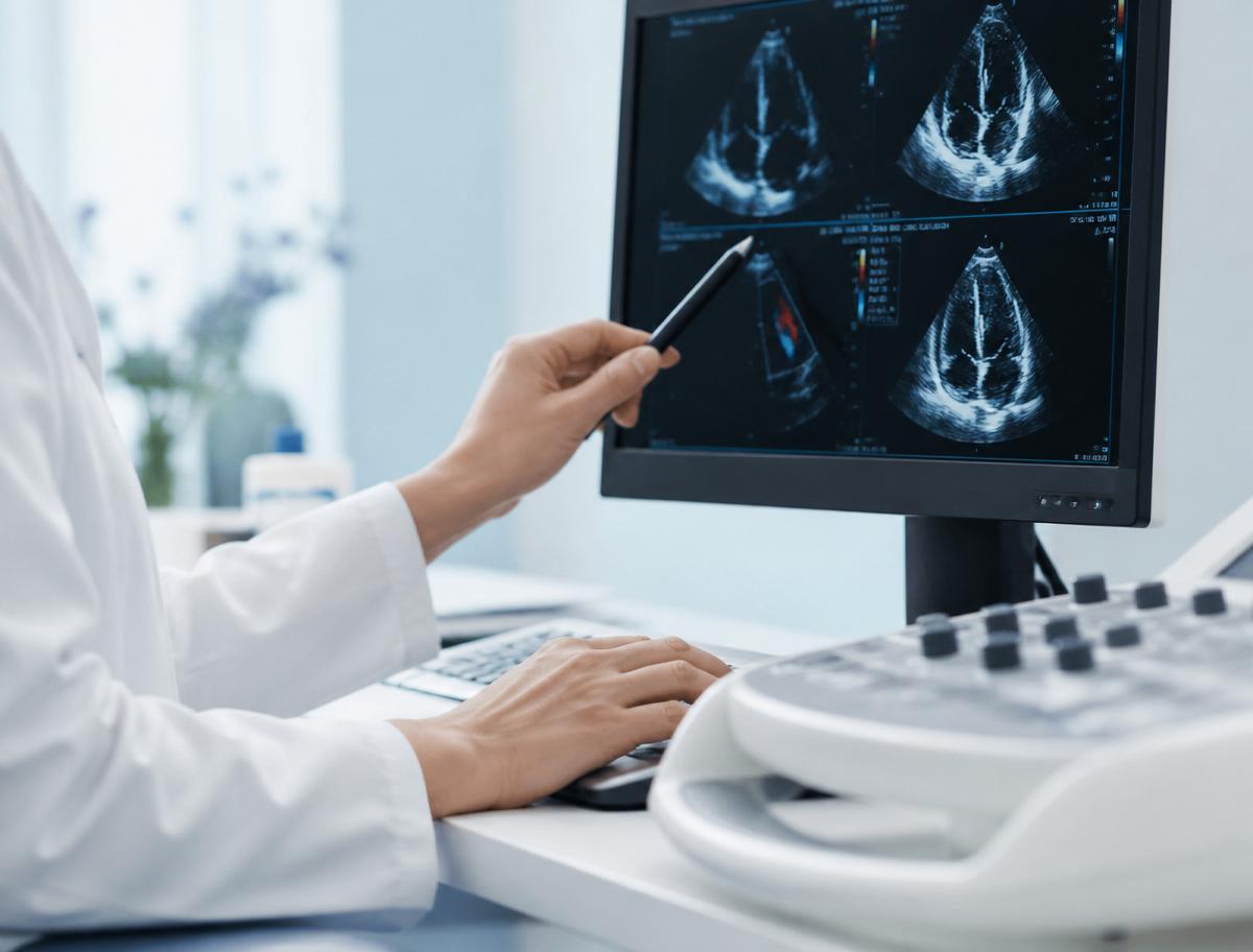 Cardiac ultrasound imaging being reviewed by a clinician